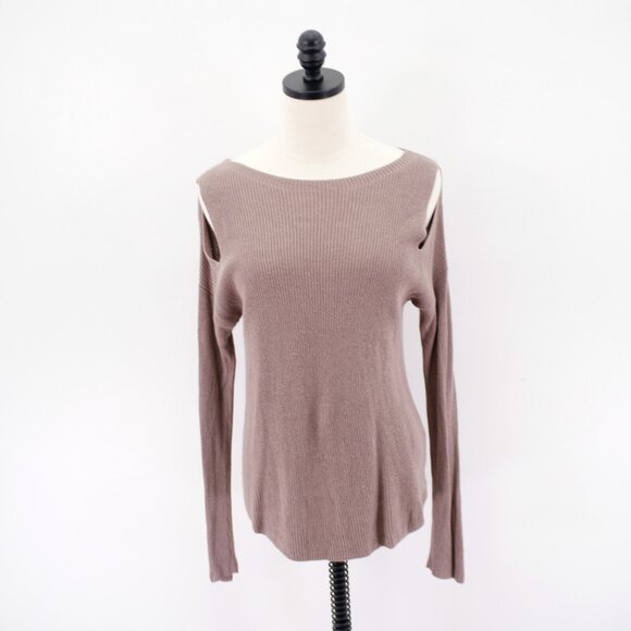 Express Small Beige Open / Cold Shoulder Long Sleeve Knit Blouse Top Small Ribbe - Picture 1 of 10